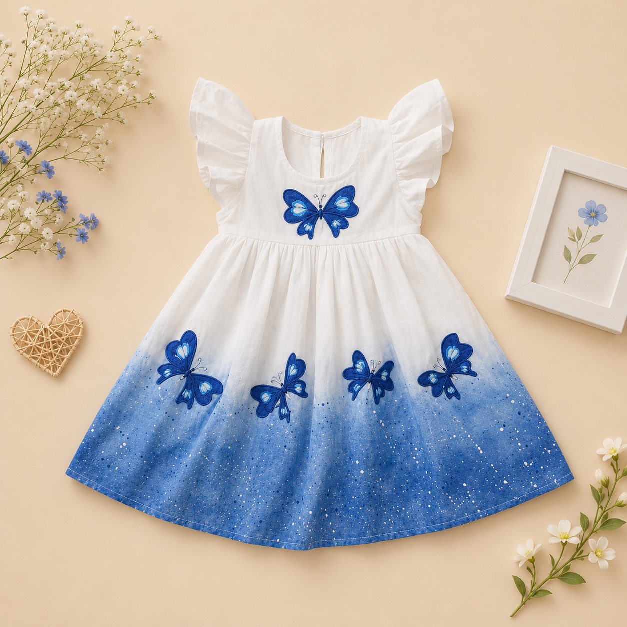 Handpainted Blue Butterfly Baby Dress