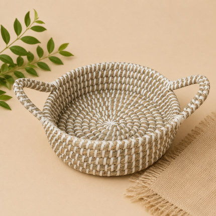 Handwoven Seagrass Round Basket with Handles | White Stitch