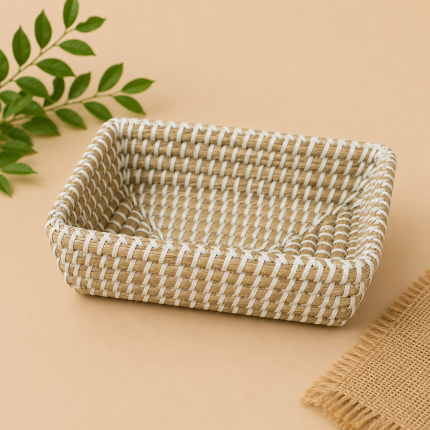 Handwoven Seagrass Square Storage Basket | White Stitch