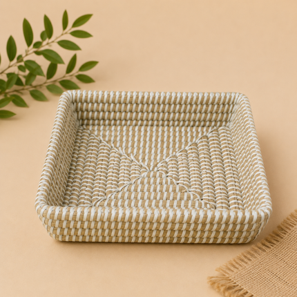 Handwoven Seagrass Square Tray | White Stitch