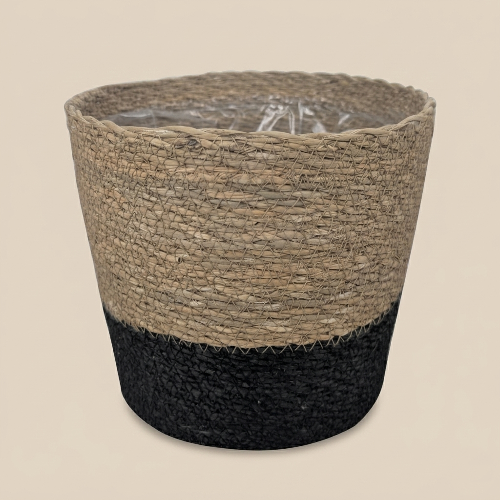 Two-Tone Natural & Black Jute Planter Basket